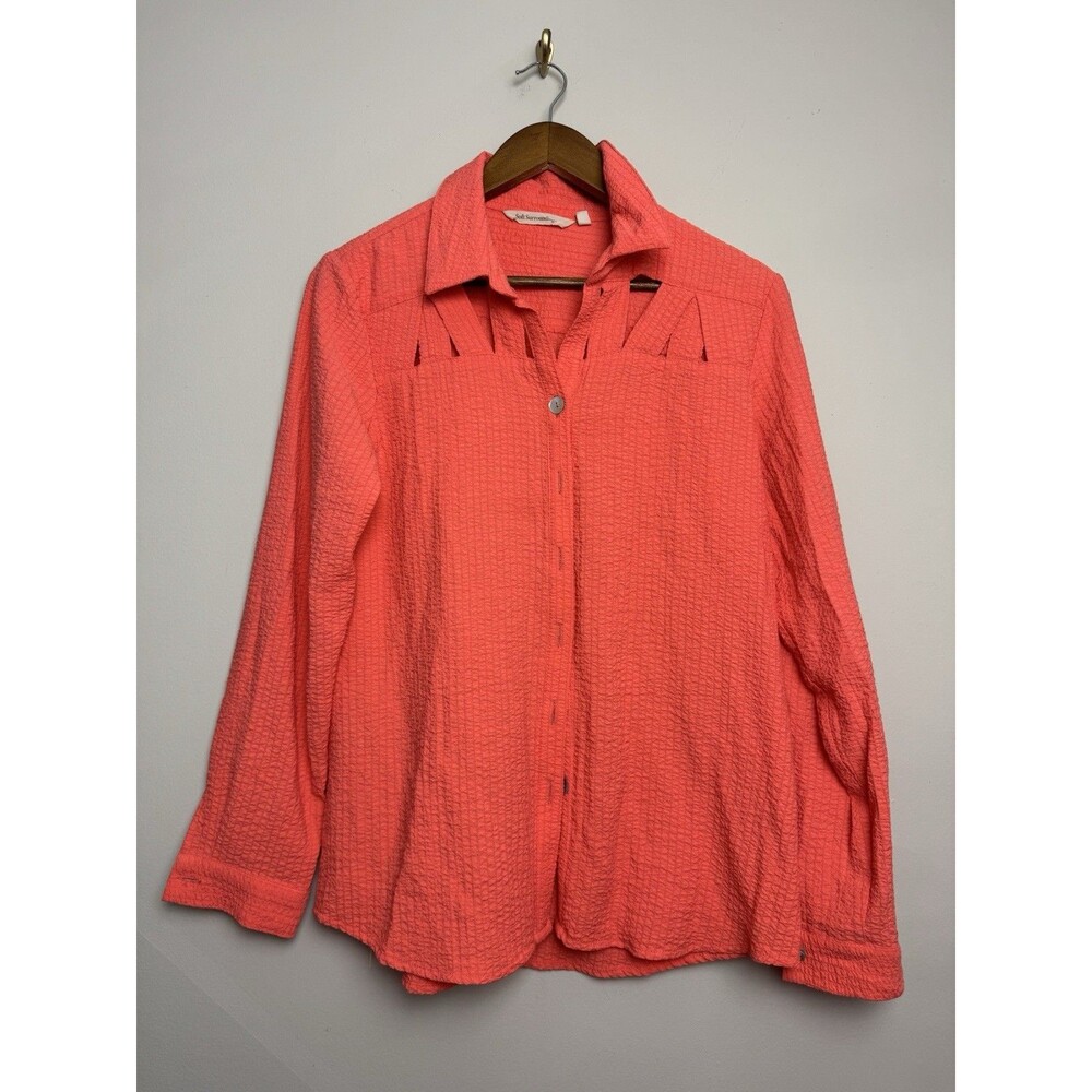 Soft Surroundings Top Shirt Blouse Size Small Orange Textured Cut Out Button